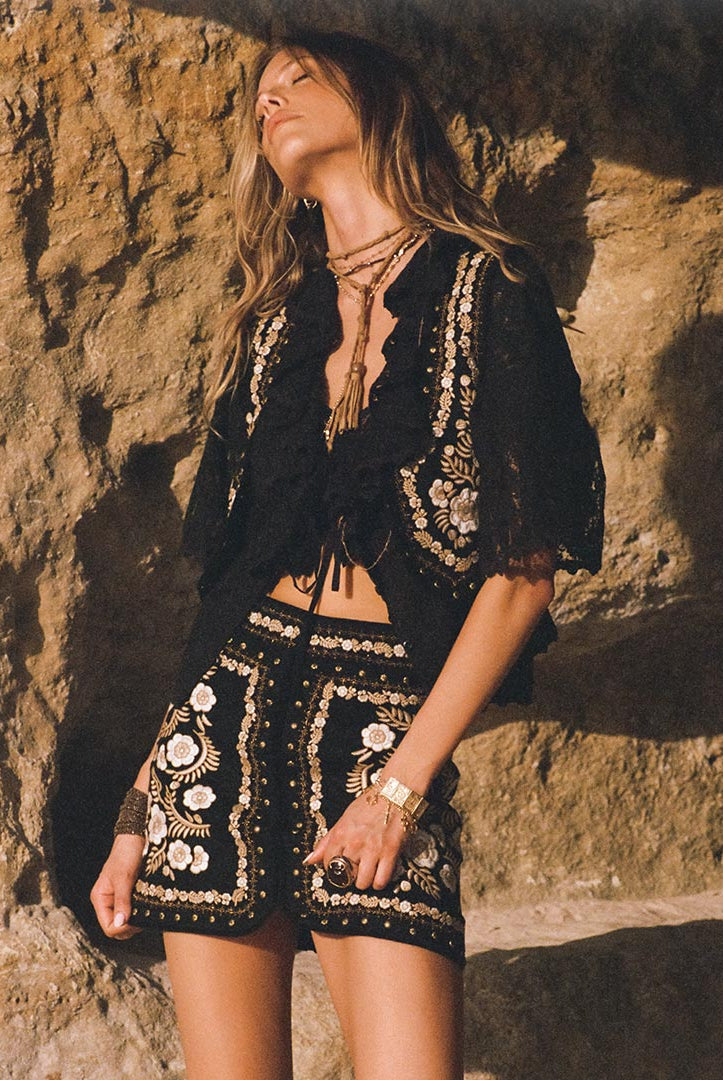 Spell Remi Embroidered Mini Skirt in Midnight