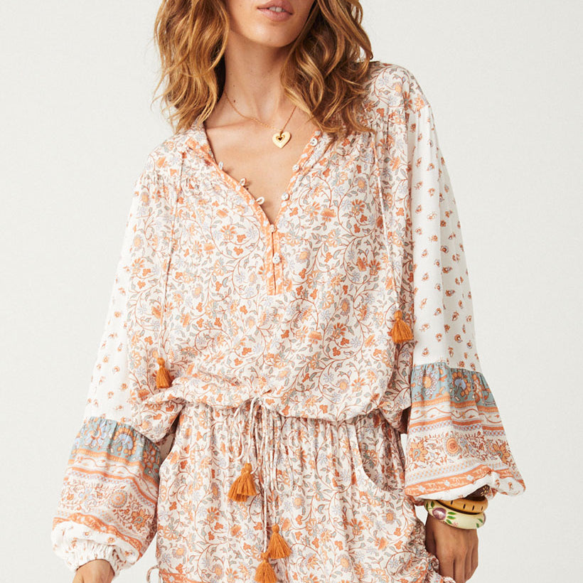 Sunshine Bandit Blouse in Desert Sage paired with blue wash jeans