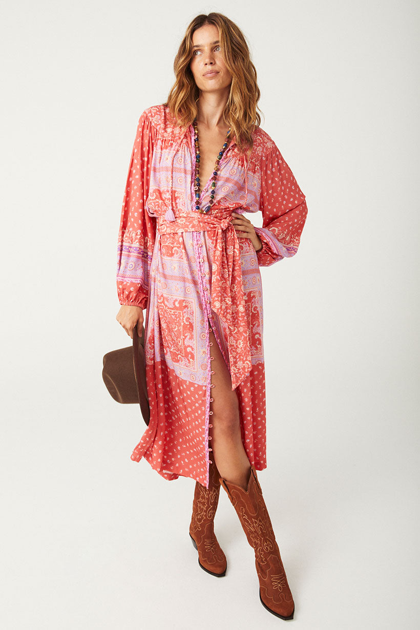 Printed Spell Sunshine Bandit Button Through Dress in cayenne red colourway