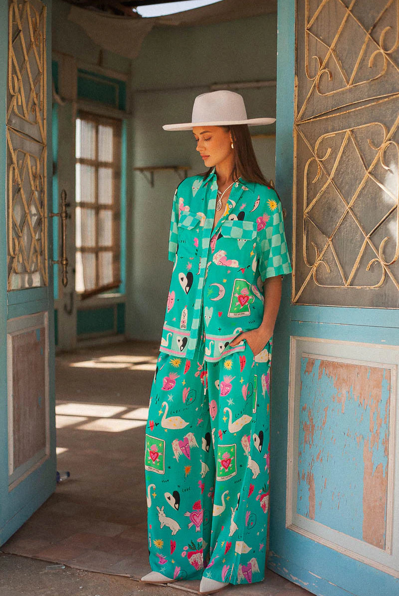 Turquoise short sleeve blouse with motif print in eco rayon