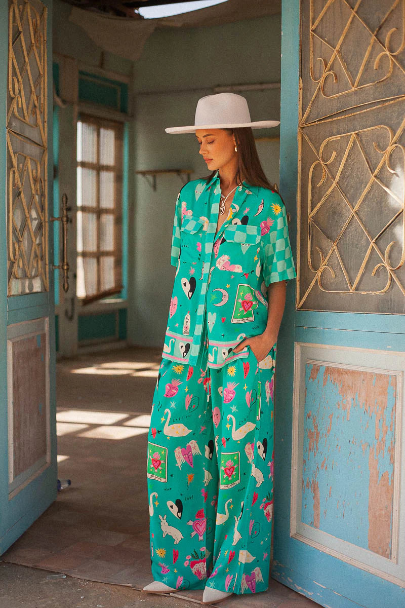 Turquoise short sleeve blouse with motif print in eco rayon