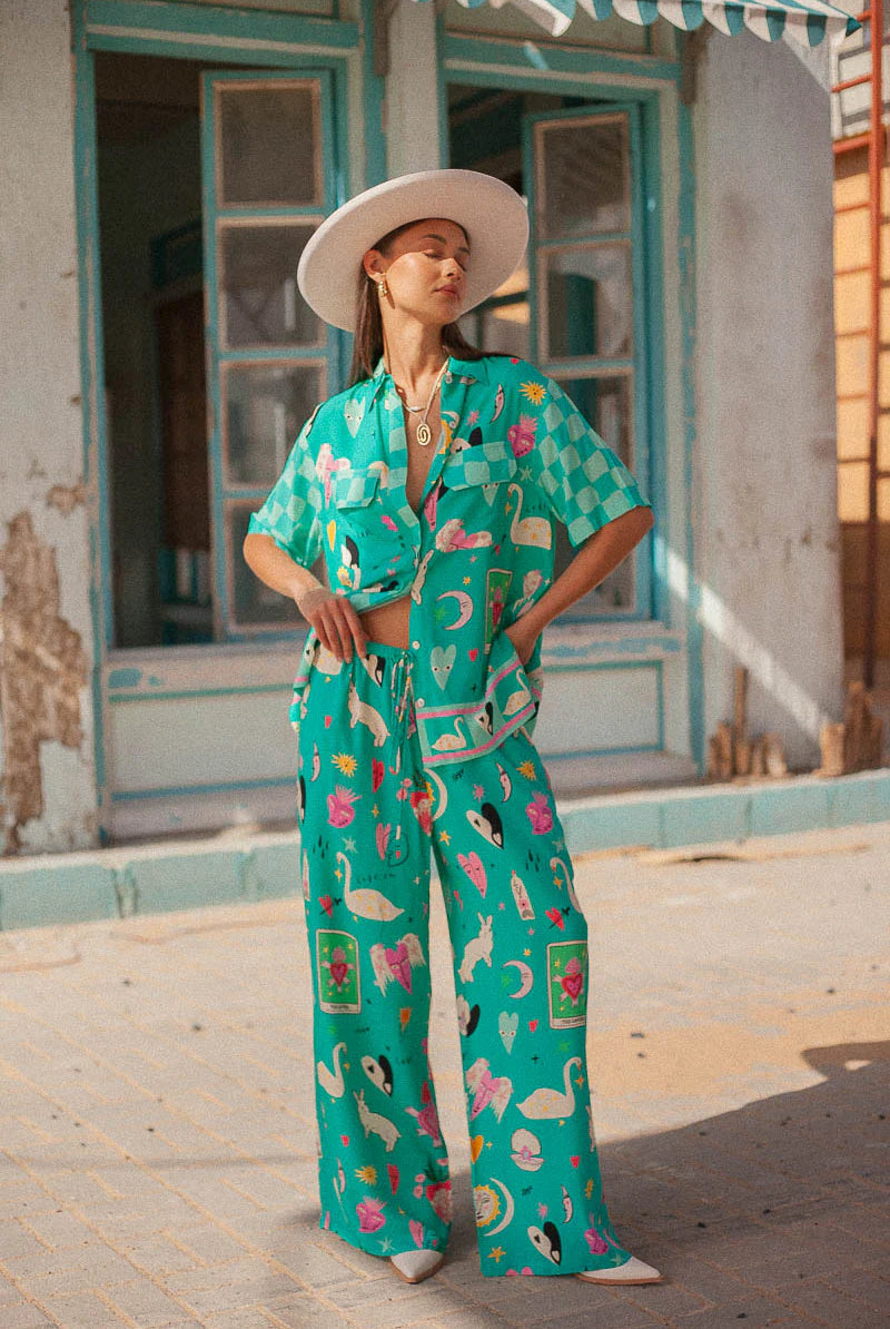 Turquoise short sleeve blouse with motif print in eco rayon