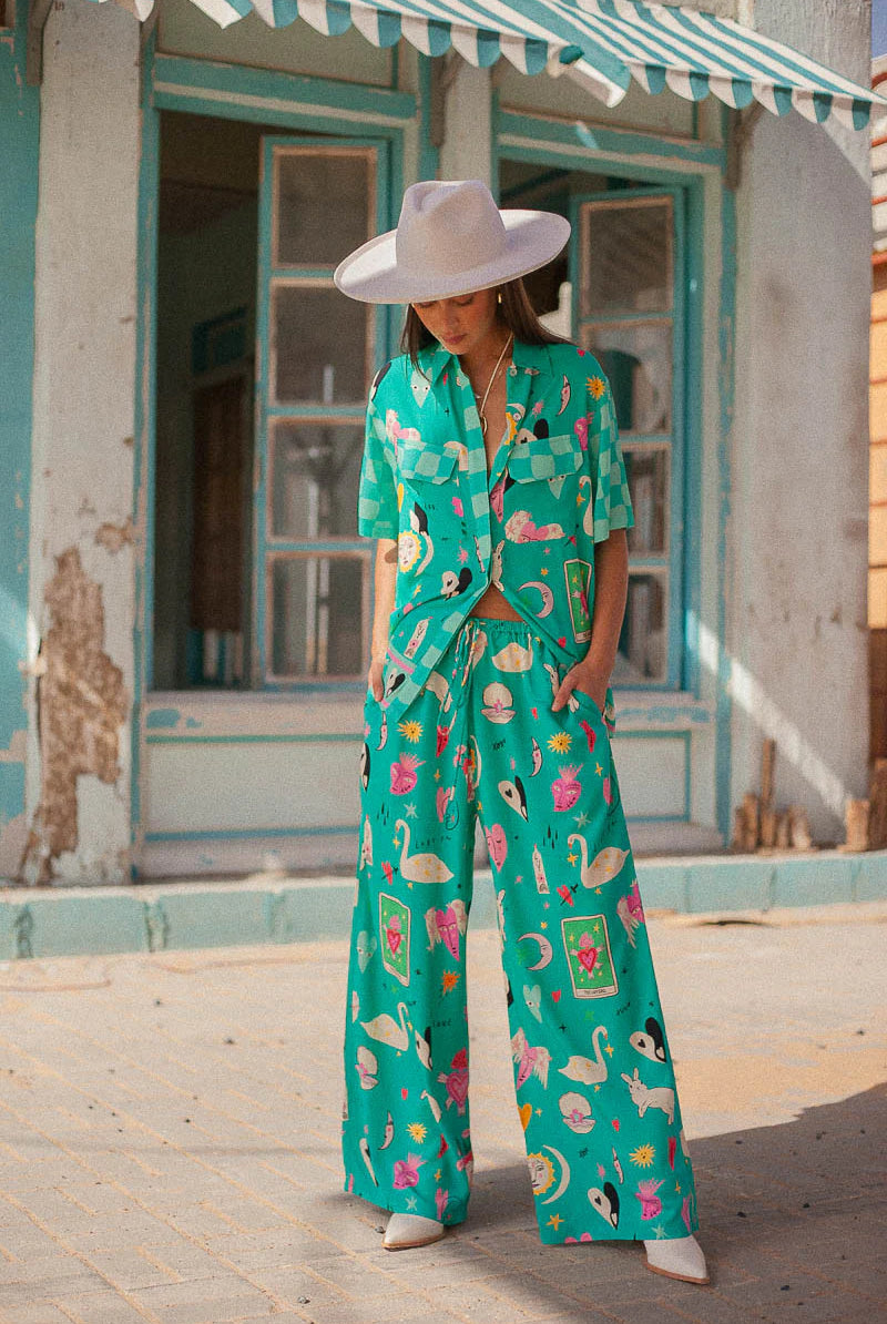 Turquoise short sleeve blouse with motif print in eco rayon