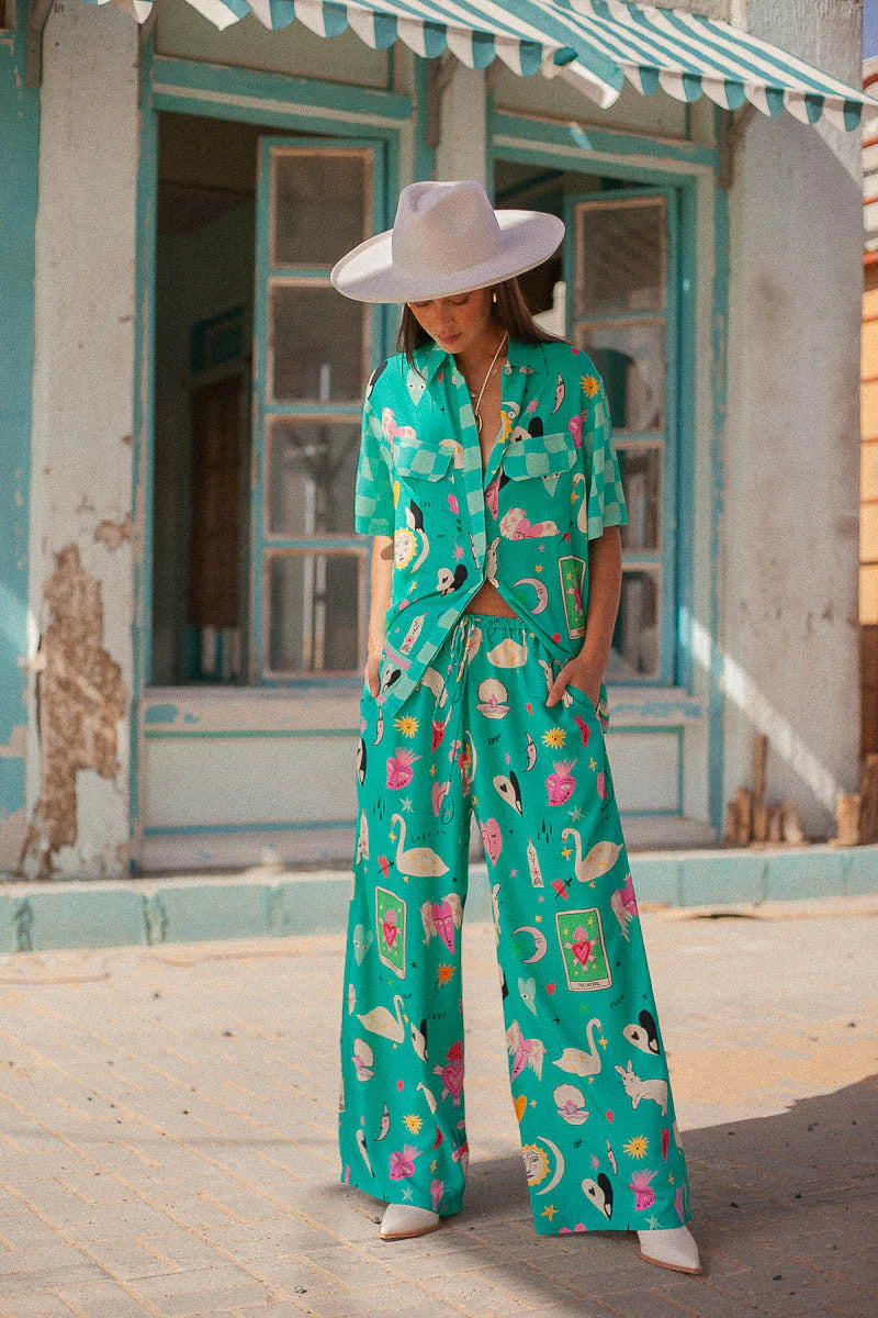 Turquoise short sleeve blouse with motif print in eco rayon