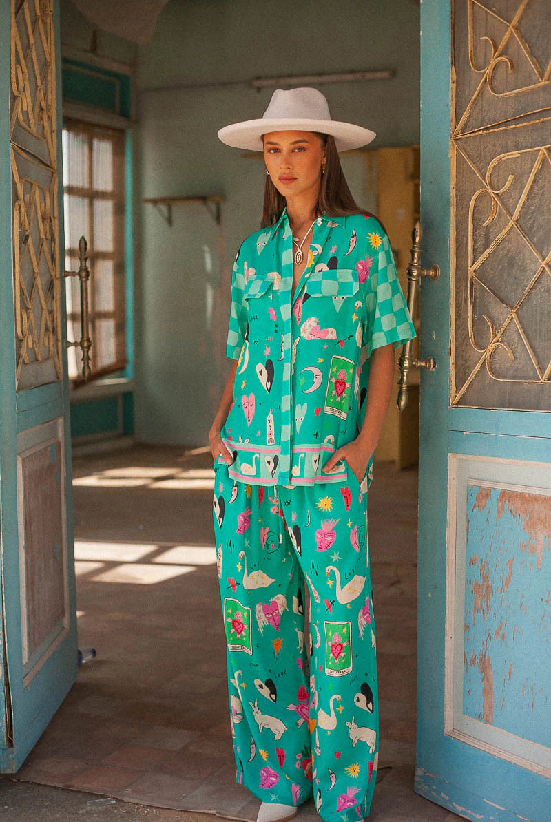 Turquoise short sleeve blouse with motif print in eco rayon