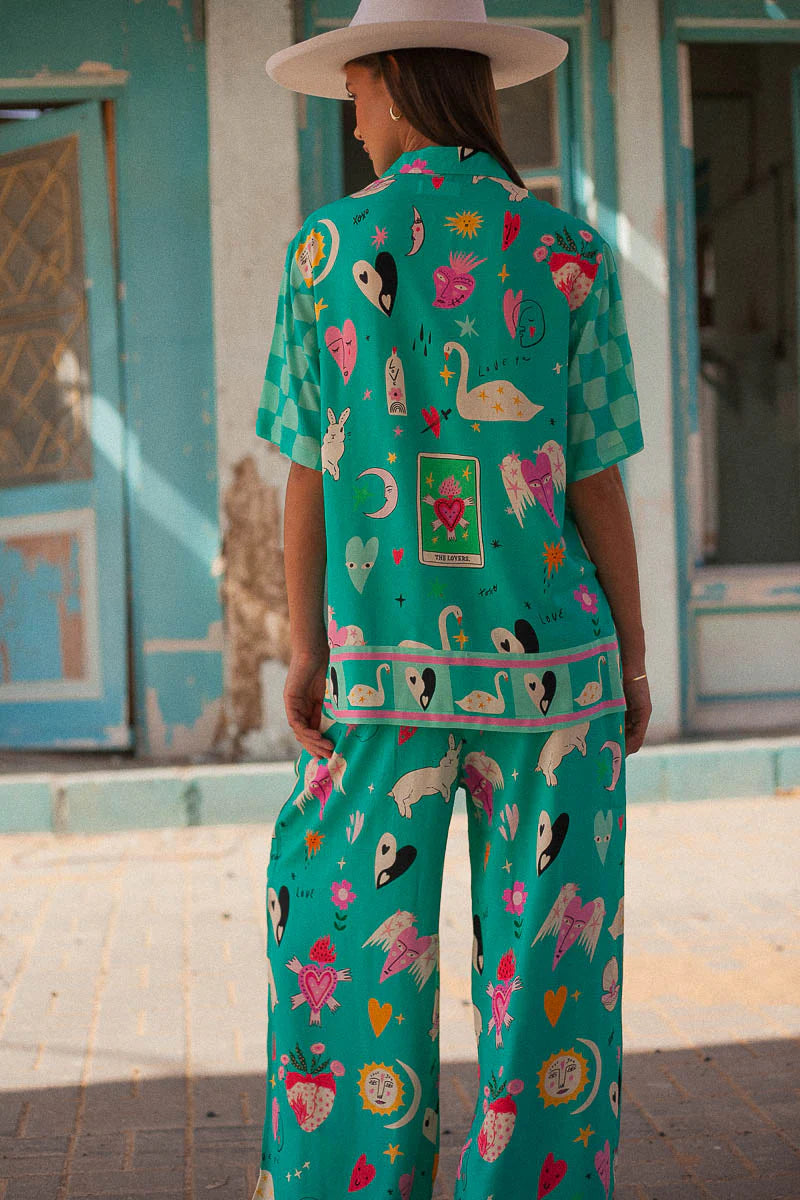 Turquoise short sleeve blouse with motif print in eco rayon