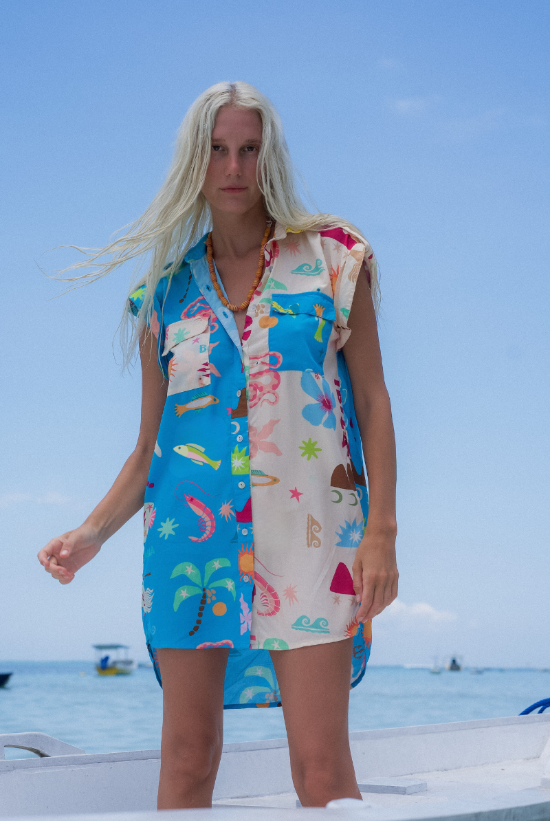 Brightly colored shirt dress from sustainable brand Palm Collective
