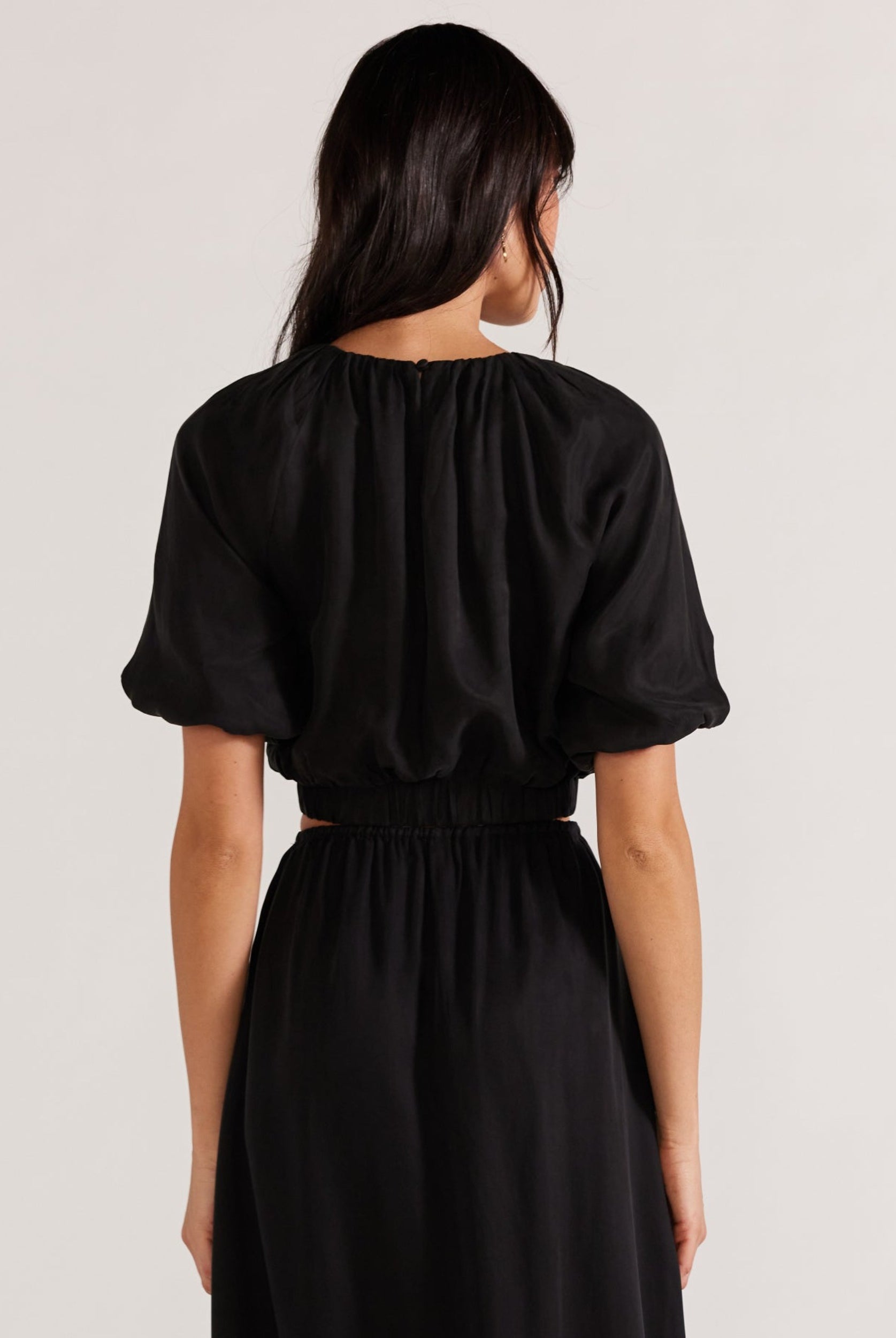 Black cropped top with matching skirt in cupro fabric from Staple the Label