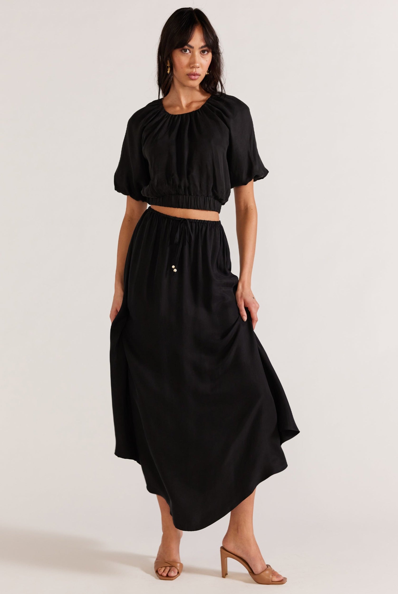 Black cropped top with matching skirt in cupro fabric from Staple the Label