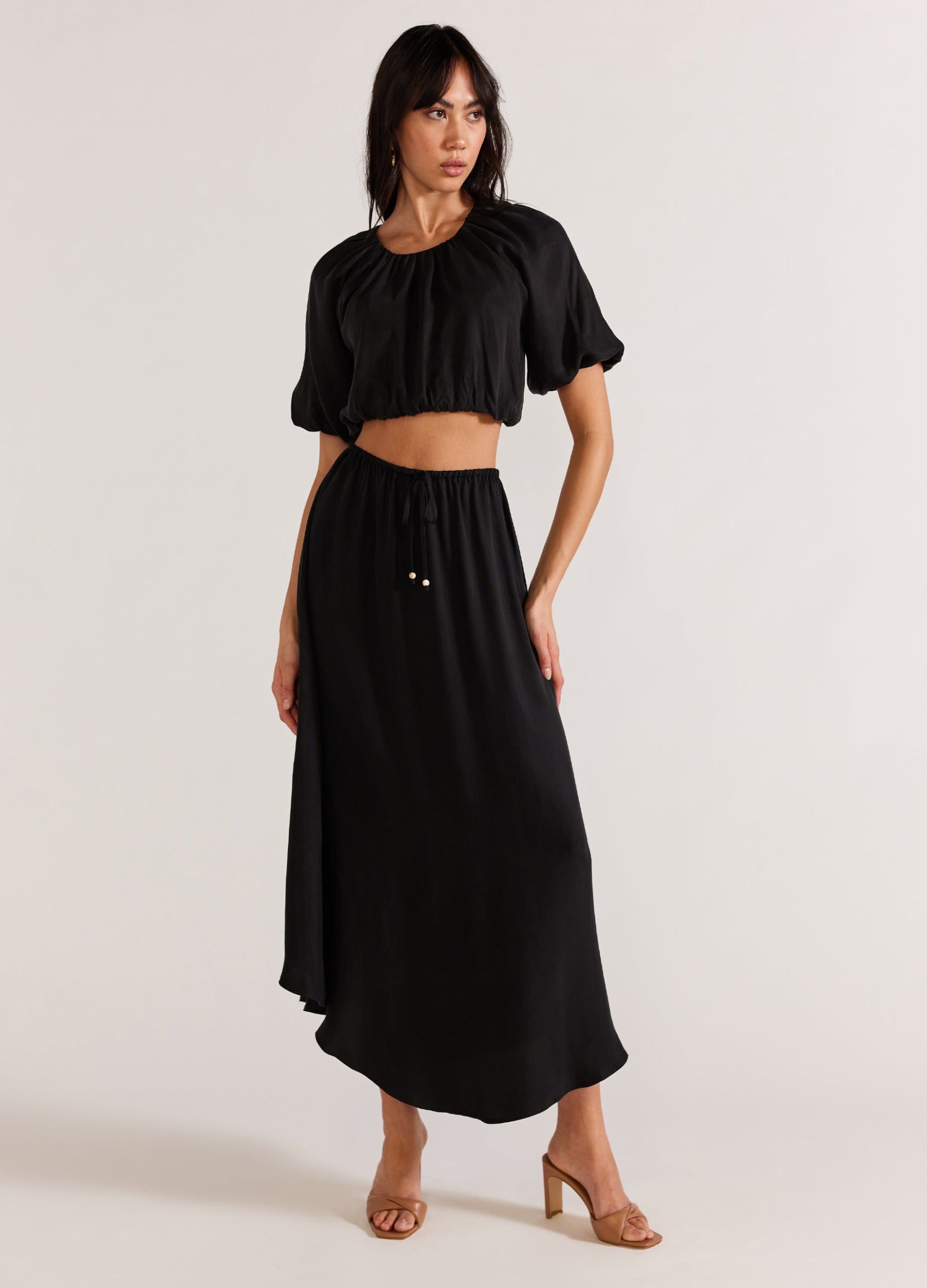 Black cropped top with matching skirt in cupro fabric from Staple the Label
