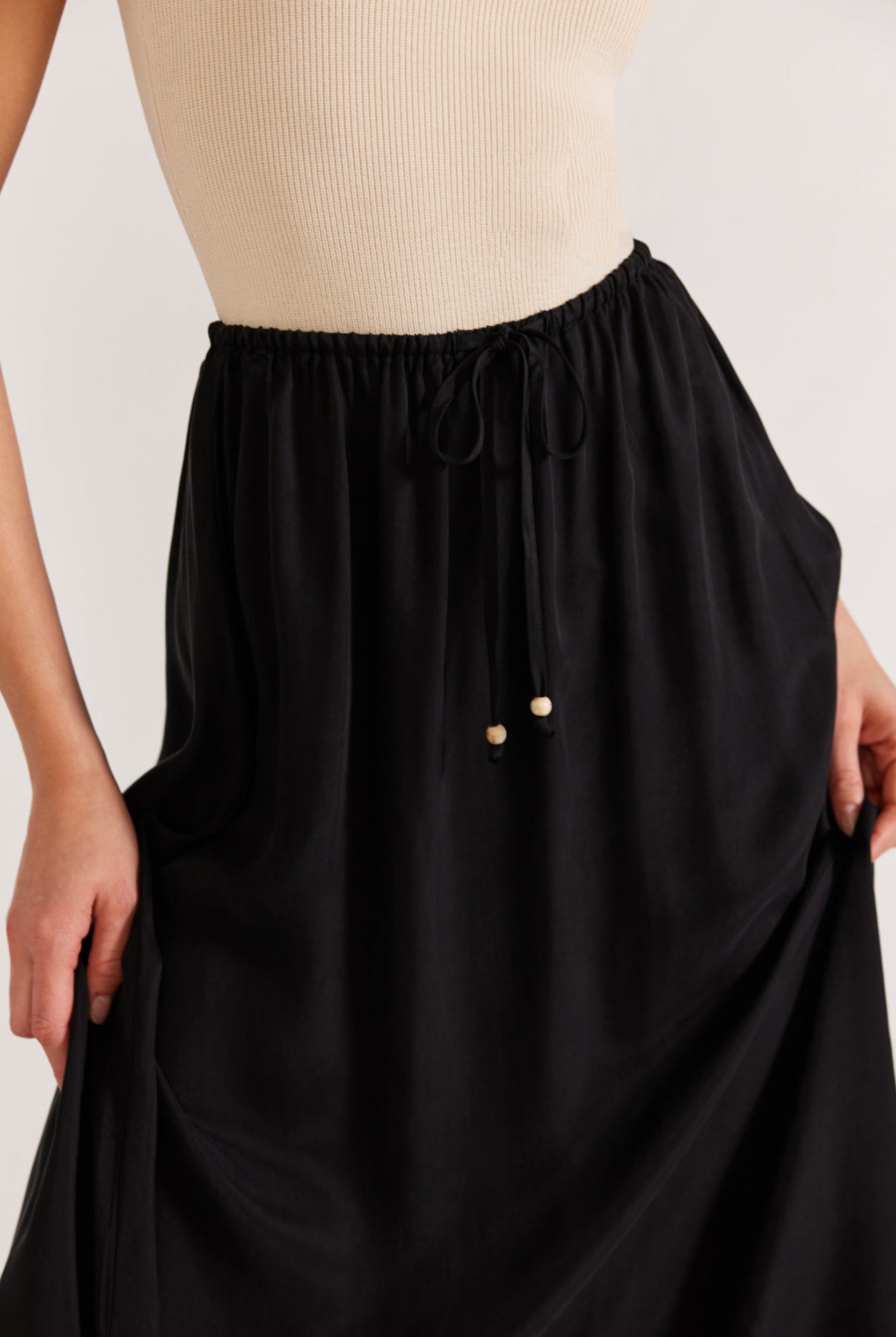 Black Cupro Midi Skirt with elasticated waist and self tie