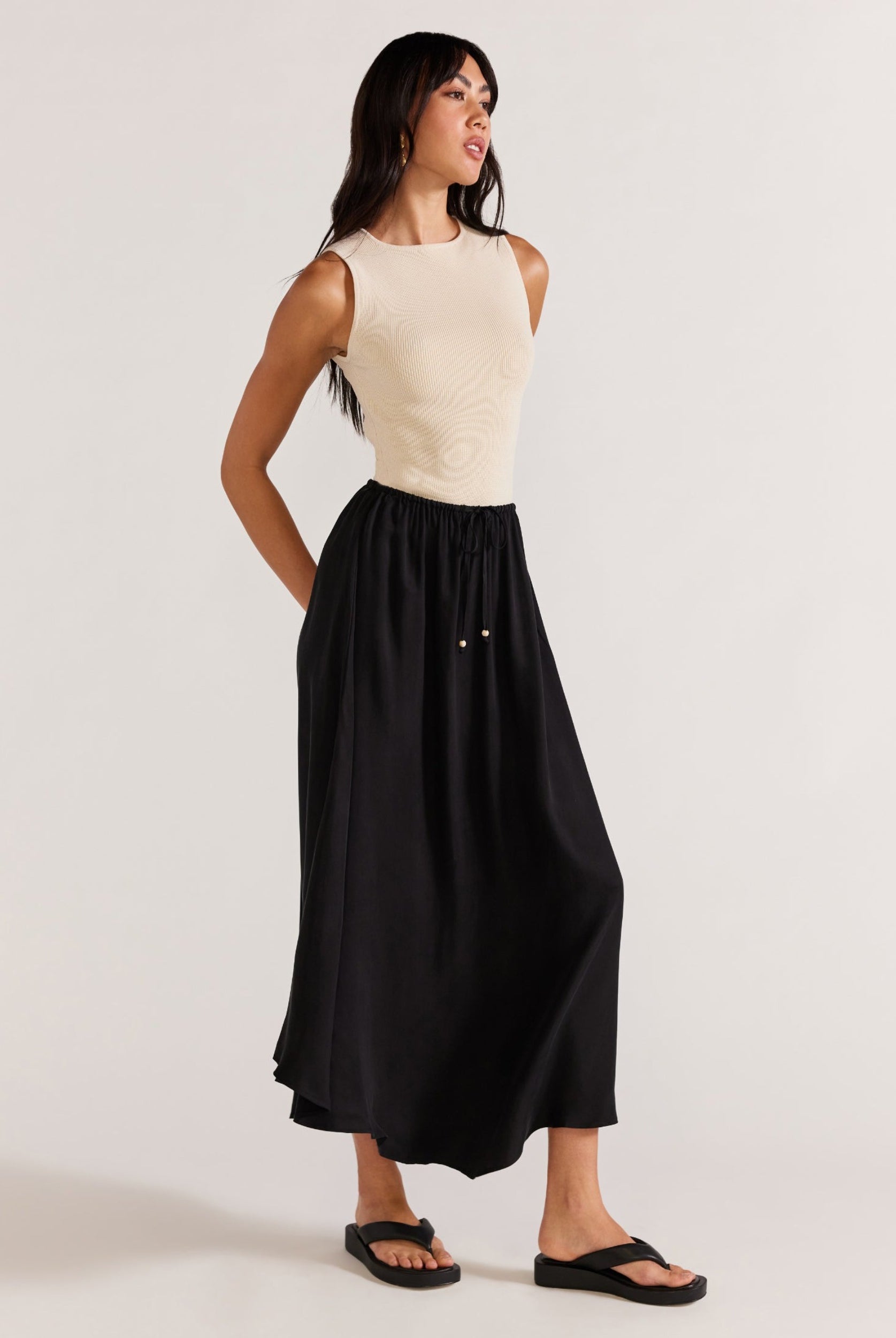 Black Cupro Midi Skirt with elasticated waist and self tie