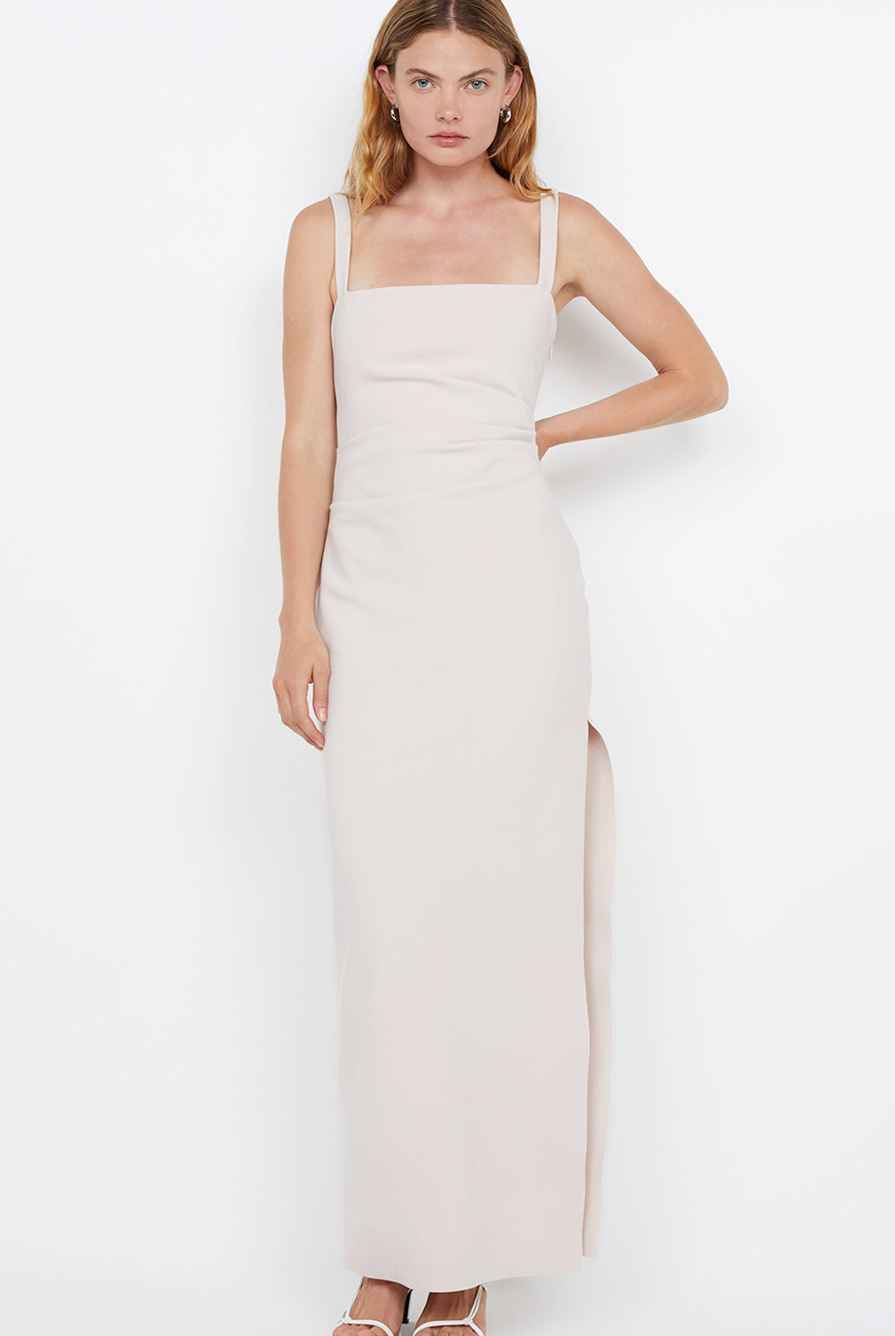 Square neck bonded crepe maxi dress with side split