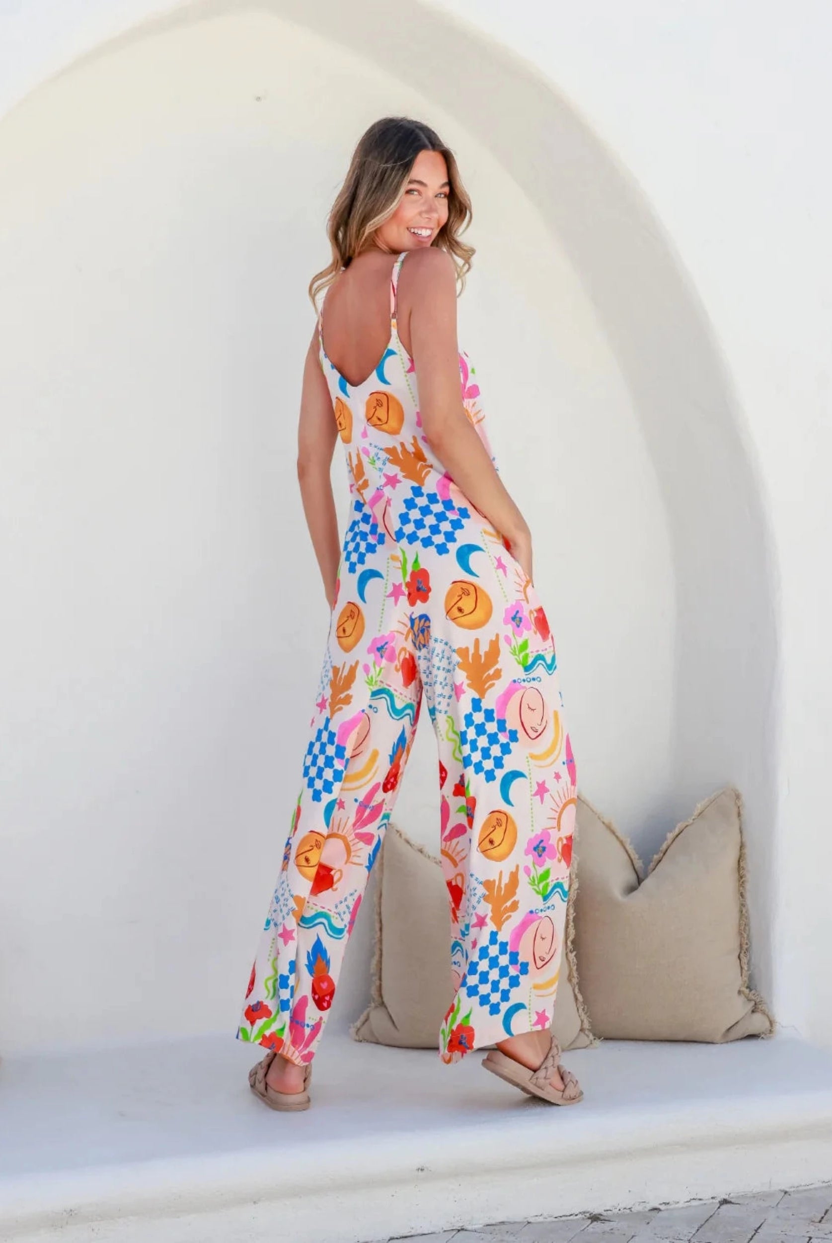 Strappy Bright colour print jumpsuit in breathable fabric