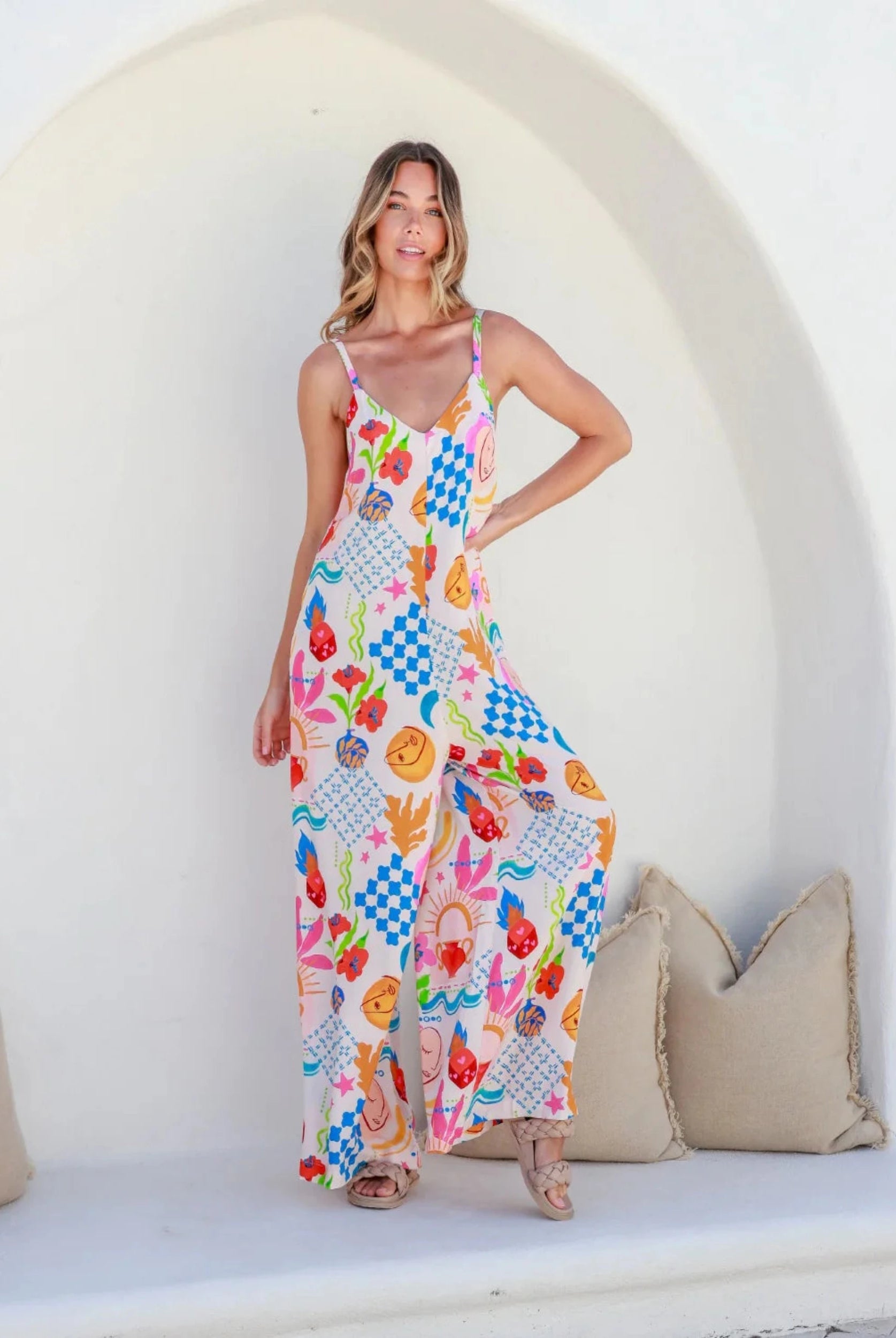 Strappy Bright colour print jumpsuit in breathable fabric