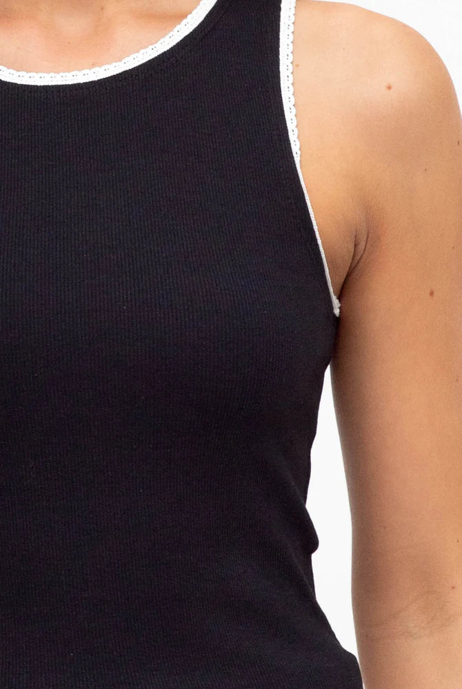 Black cotton rib tank with lace contrast trim