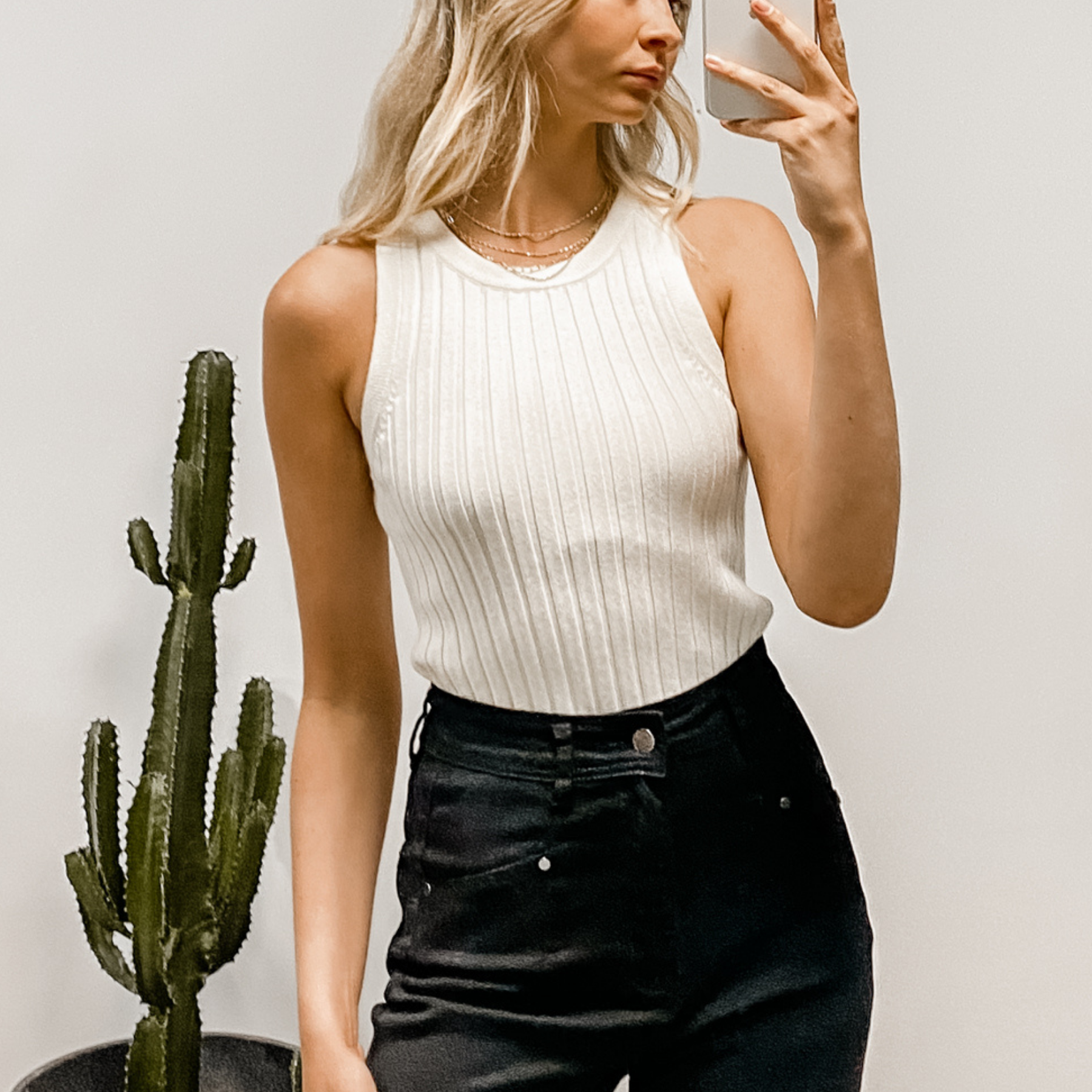 Model wearing the Thea Tank in Off White