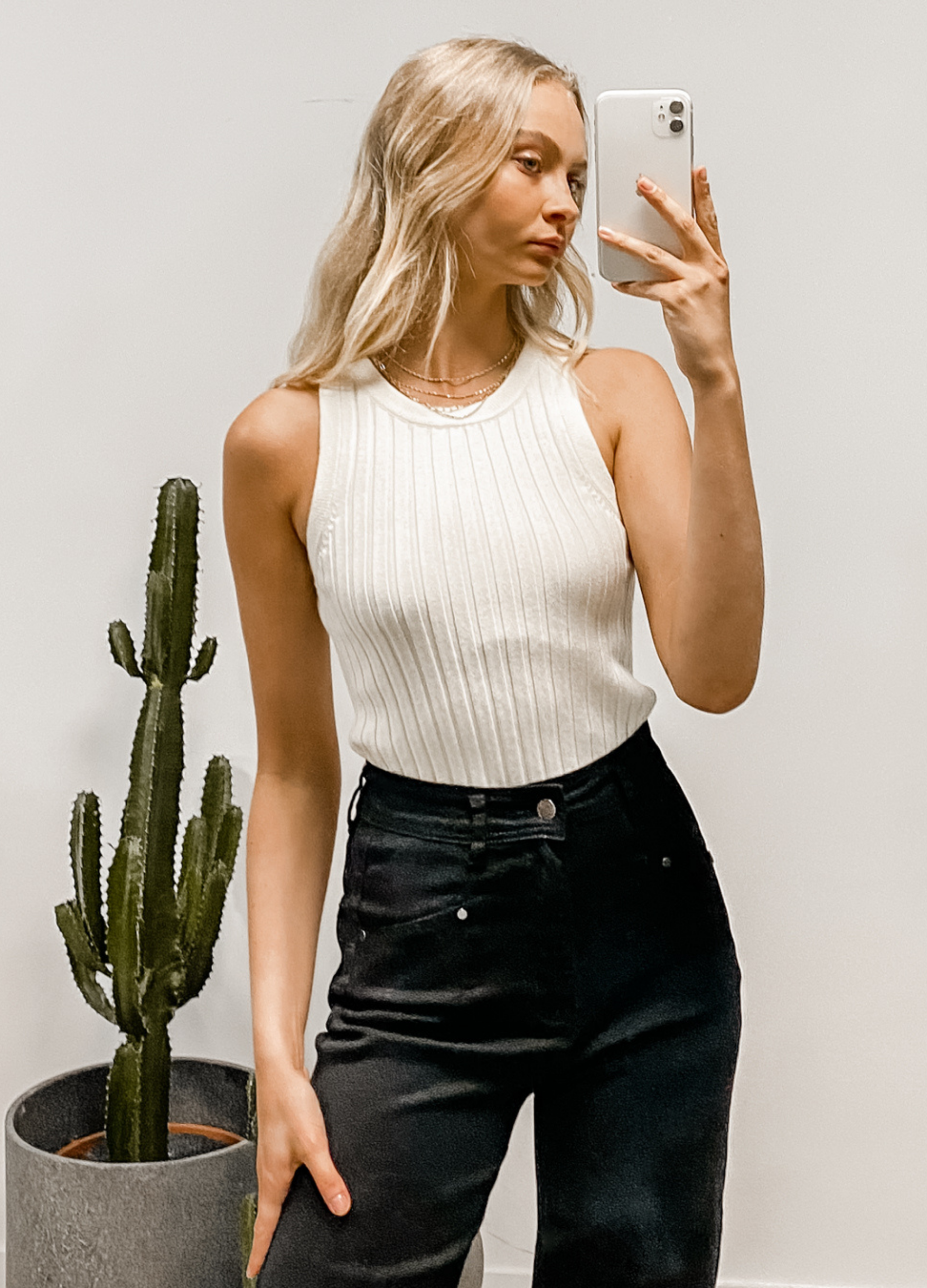 Model wearing the Thea Tank in Off White