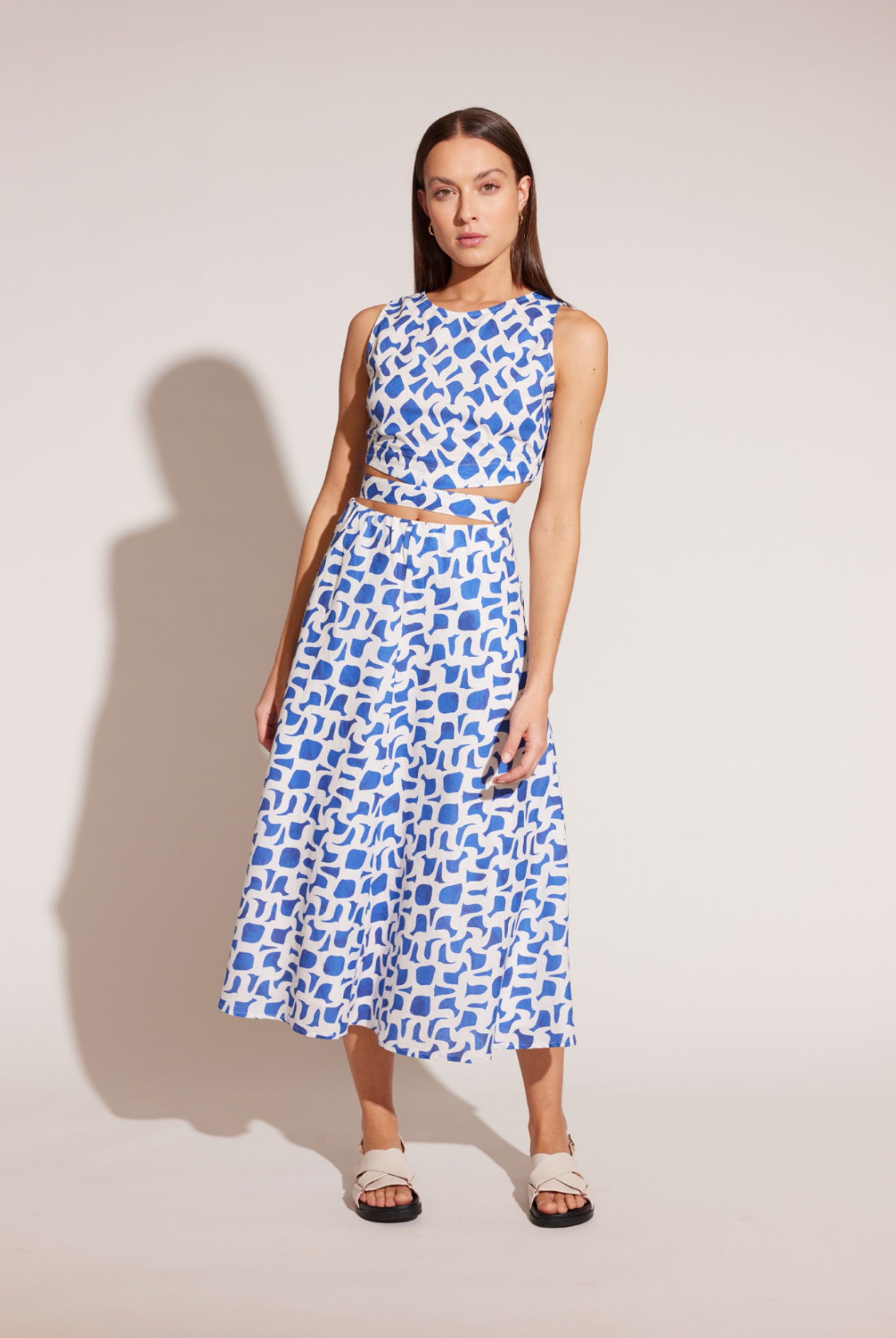 Model wearing the Venezia Crop Top and co-ord skirt