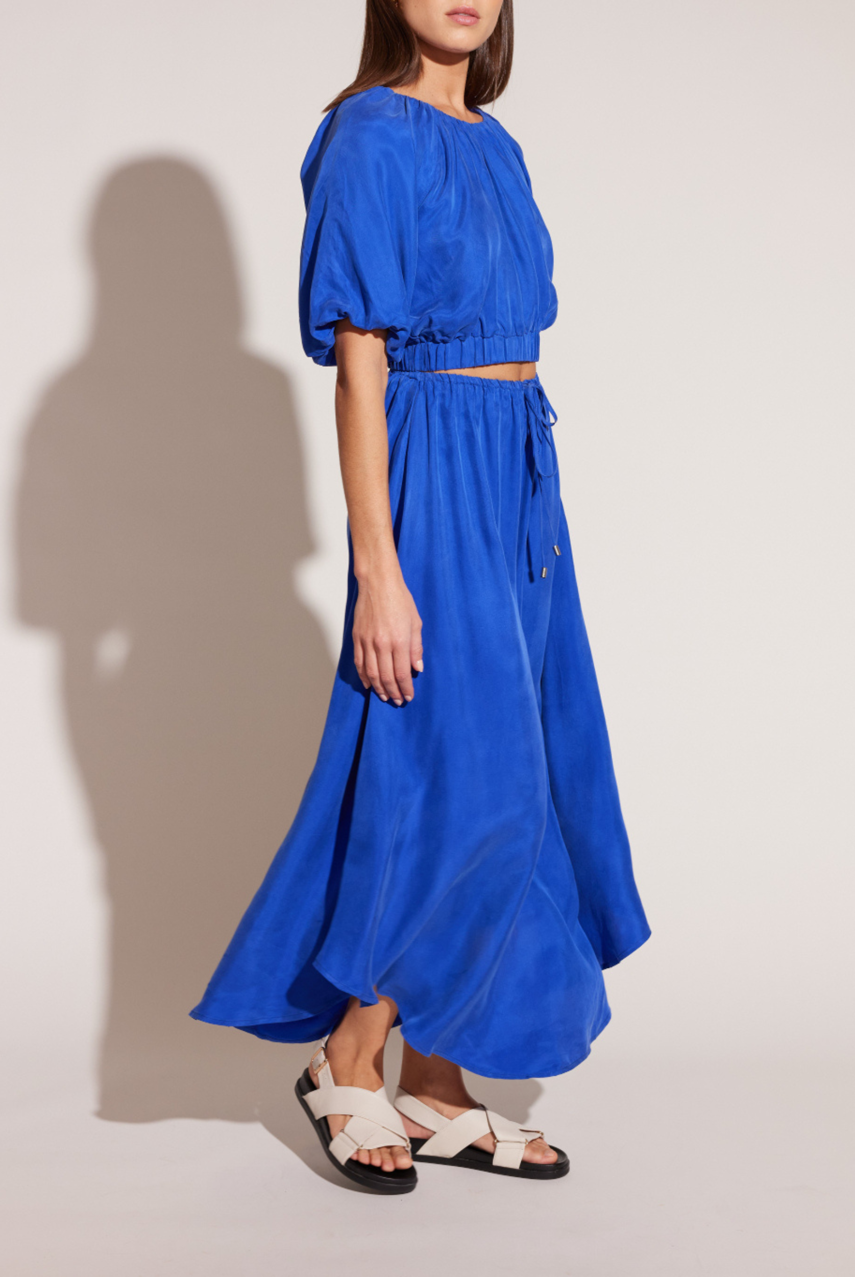 Model wearing azur cupro top