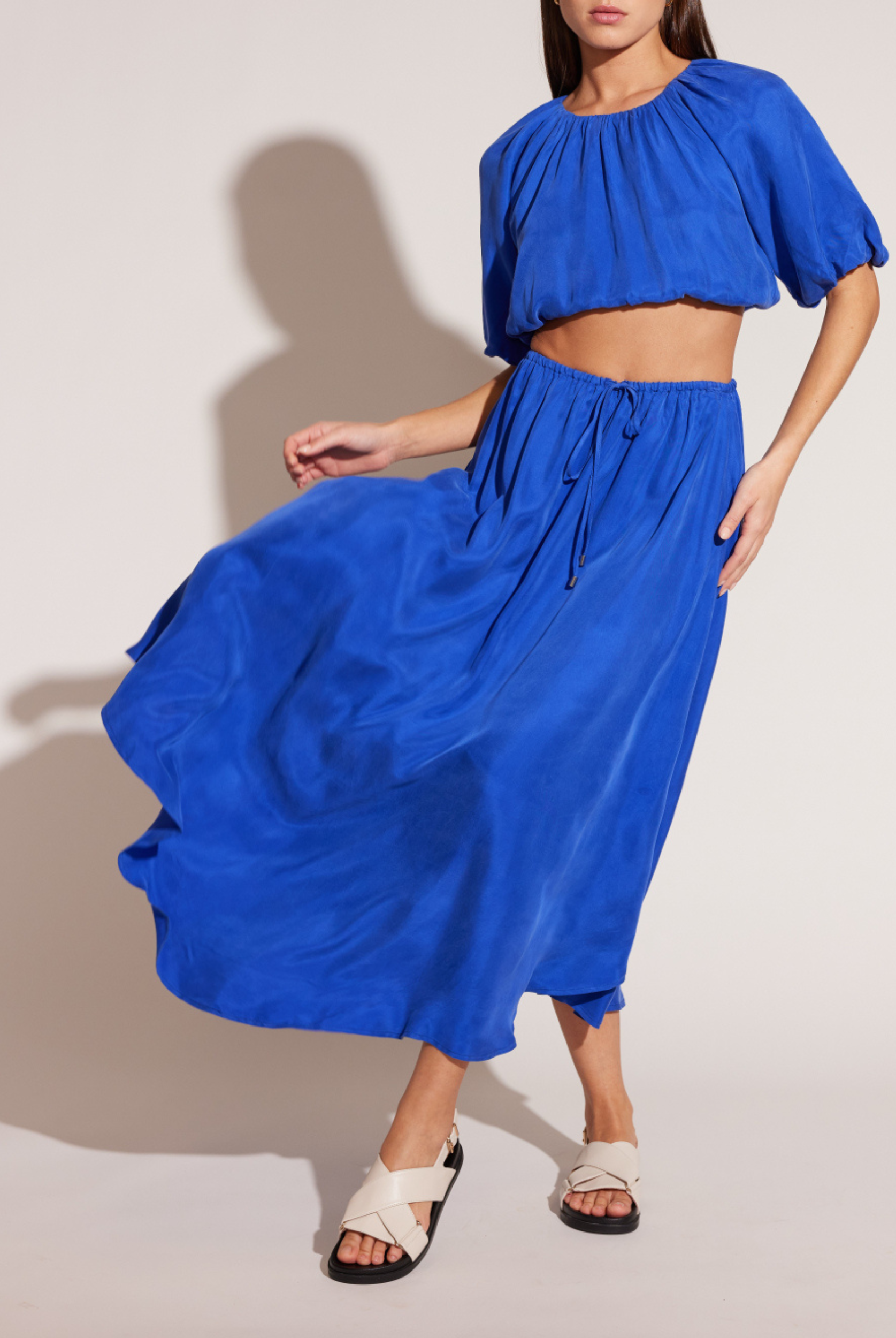 Model wearing azur cupro top