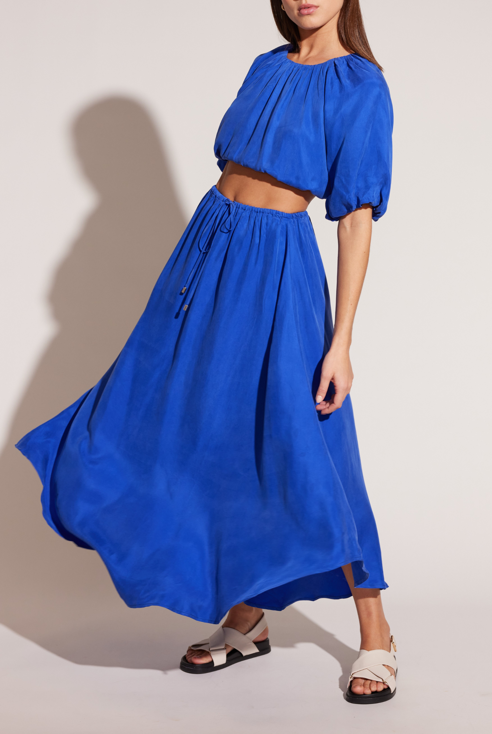 Model wearing azur cupro top