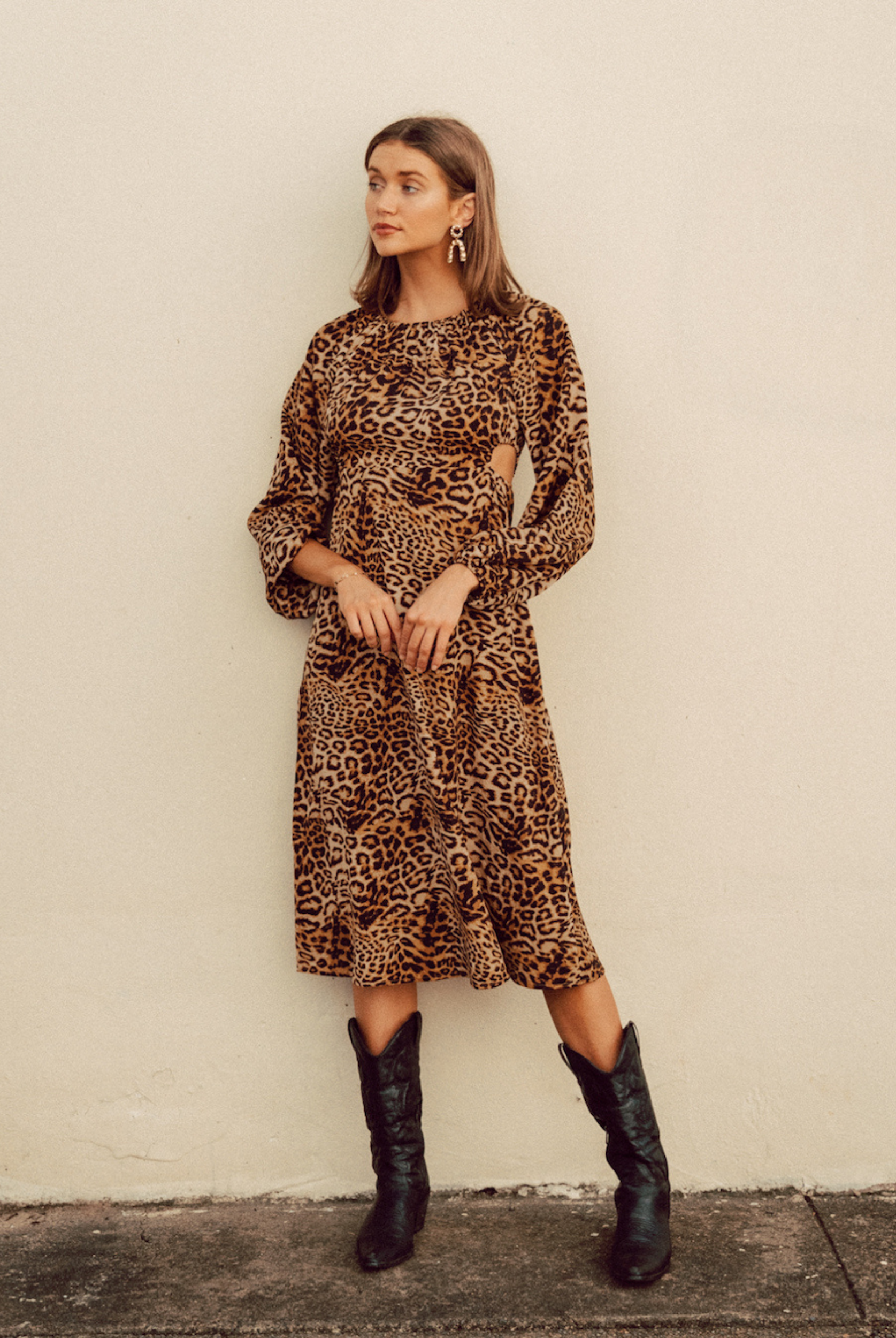 Animal Print Midi Dress with Cut Outs