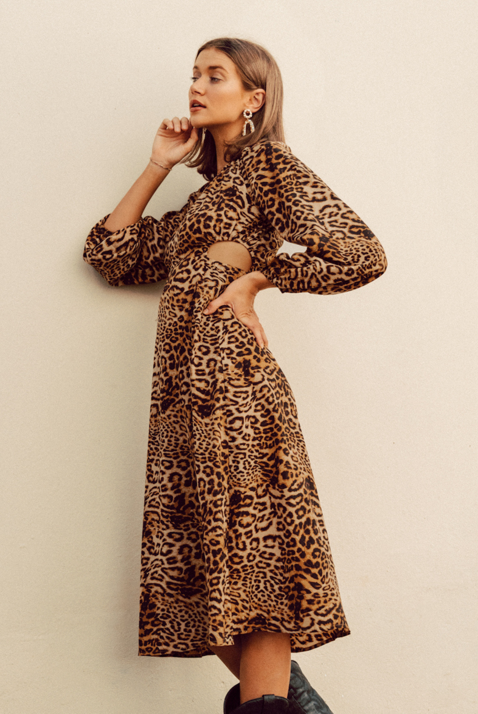 Animal Print Midi Dress with Cut Outs