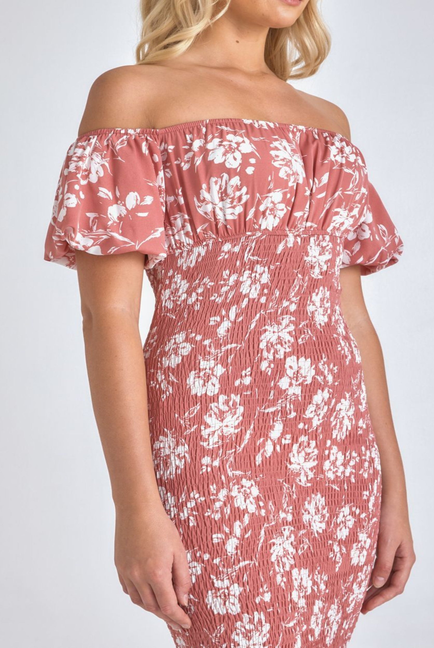Rose print midi dress on blonde model