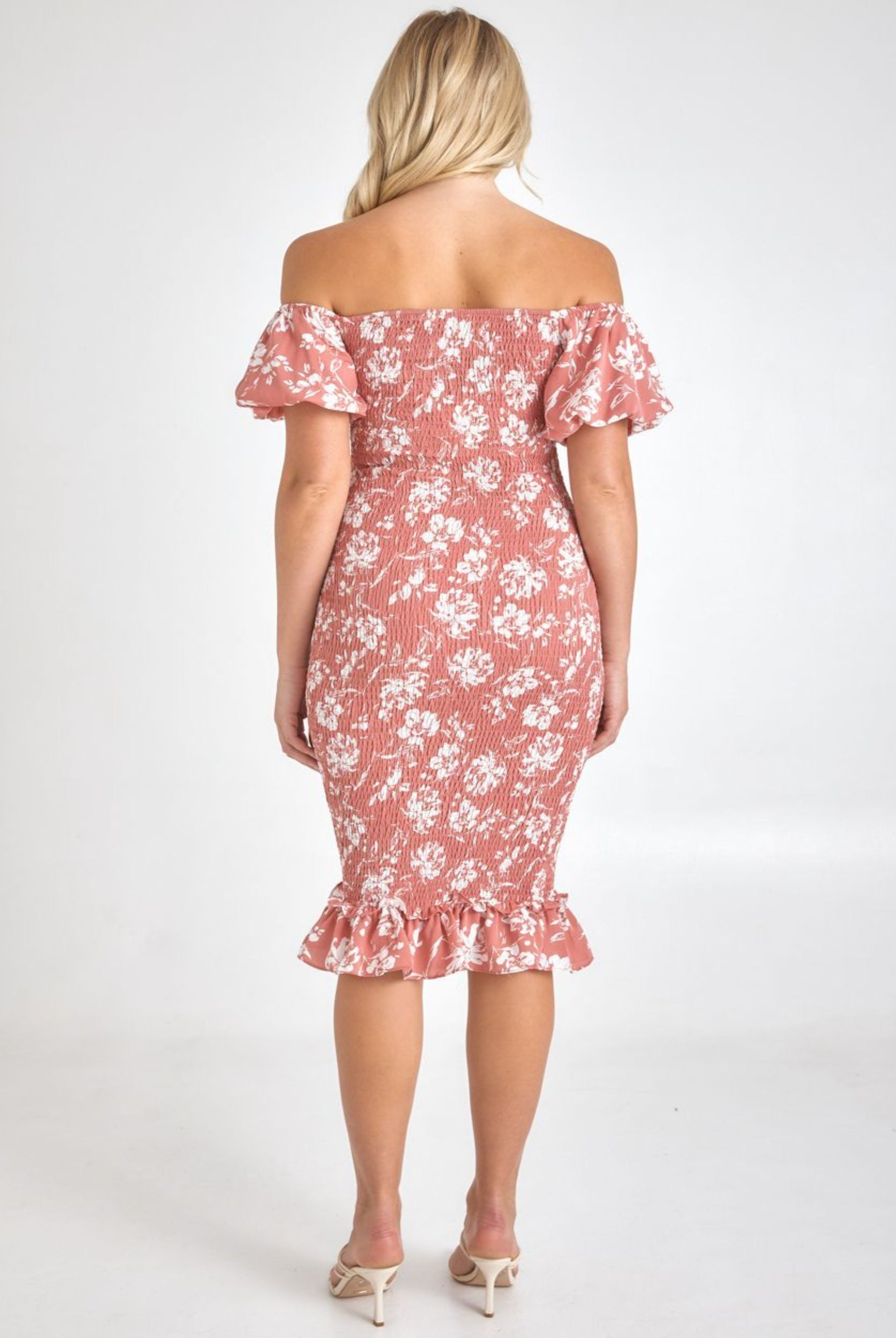 Rose print midi dress on blonde model