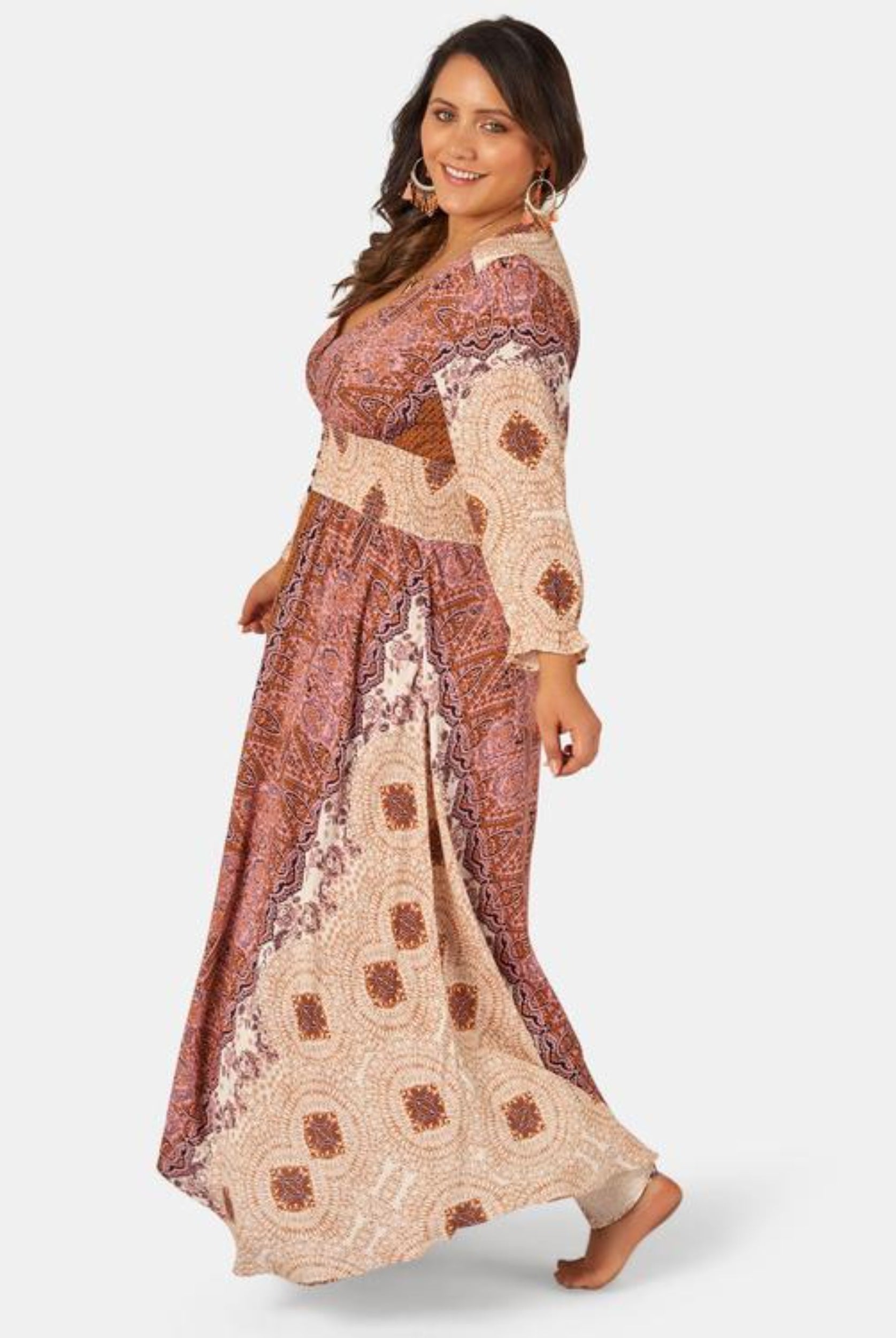 Model wearing the brown sugar maxi dress