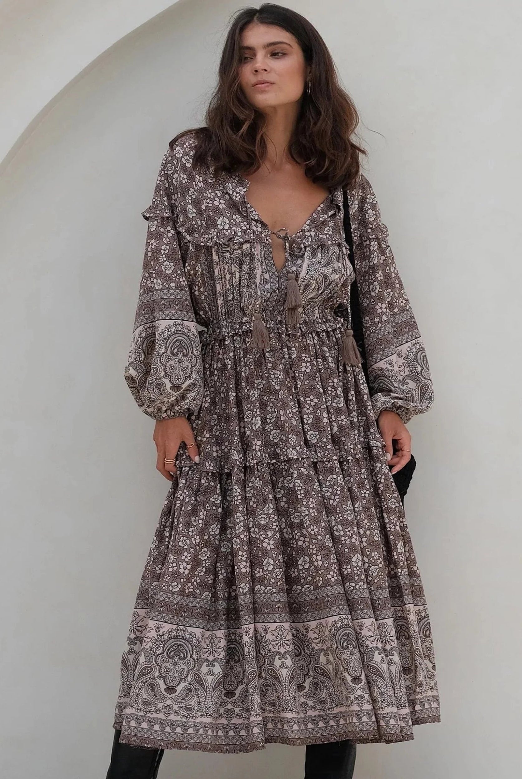 Model wearing celestial brown floral boho dress from Mahli the label