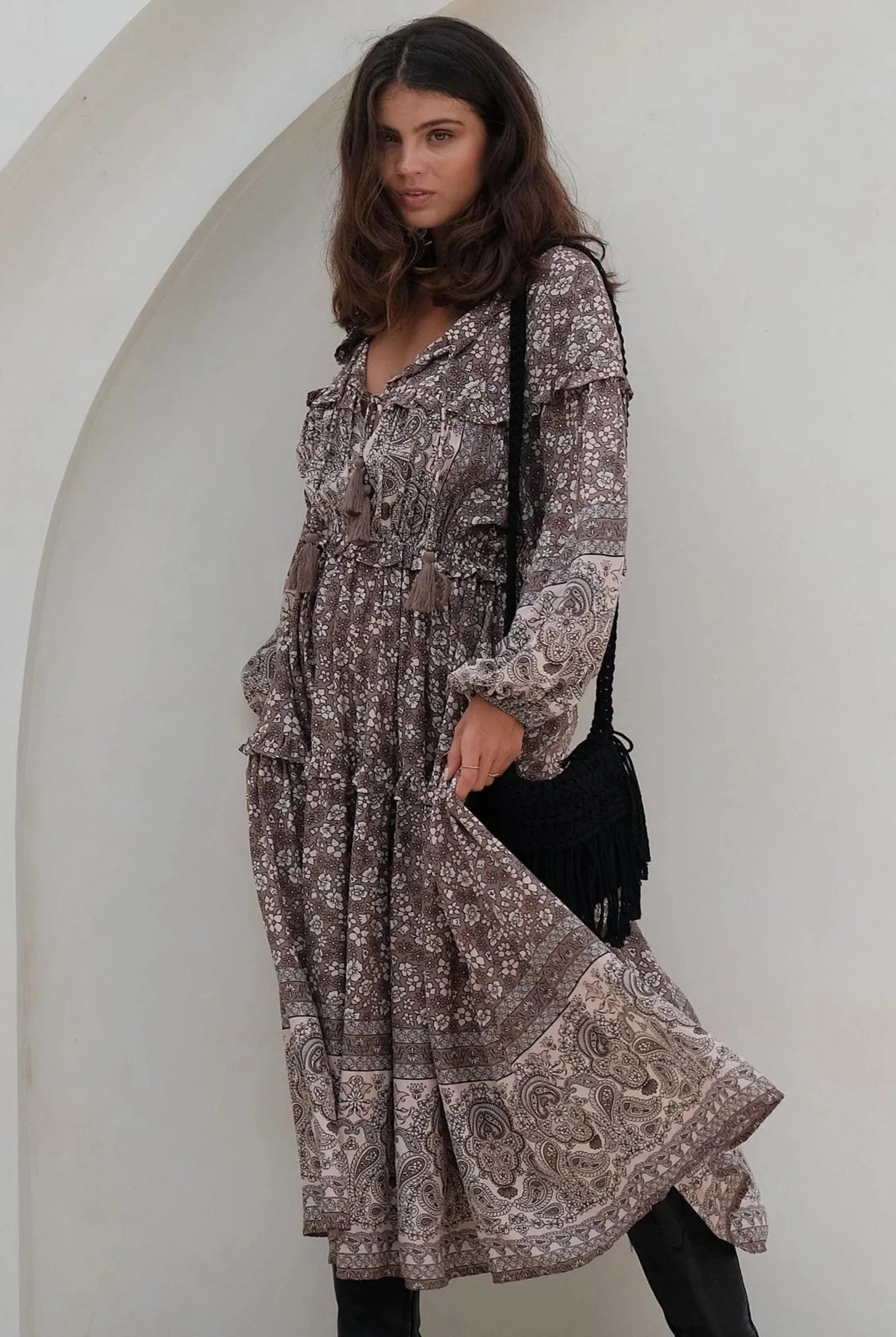Model wearing celestial brown floral boho dress from Mahli the label