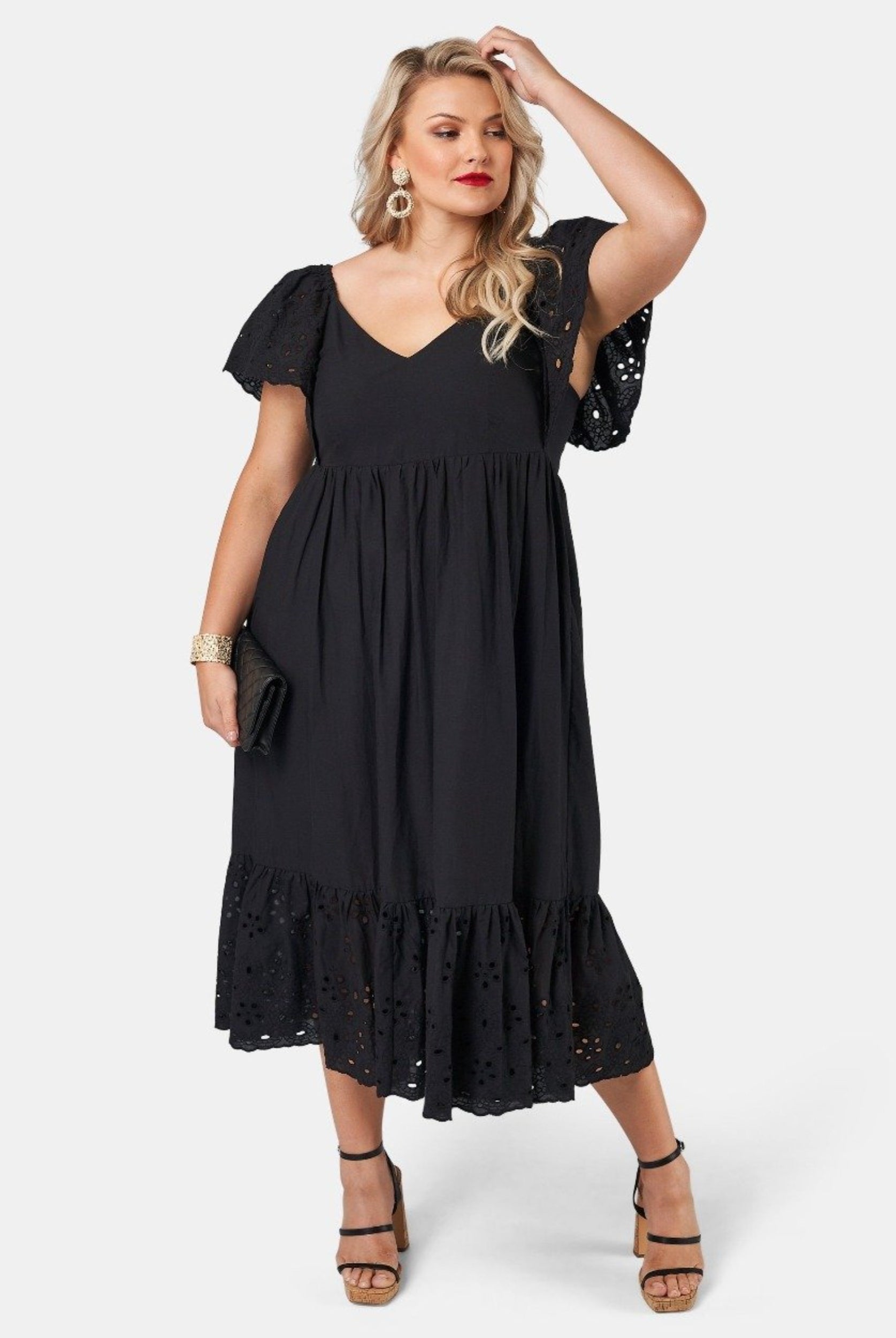 Blonde model wearing black cotton midi dress