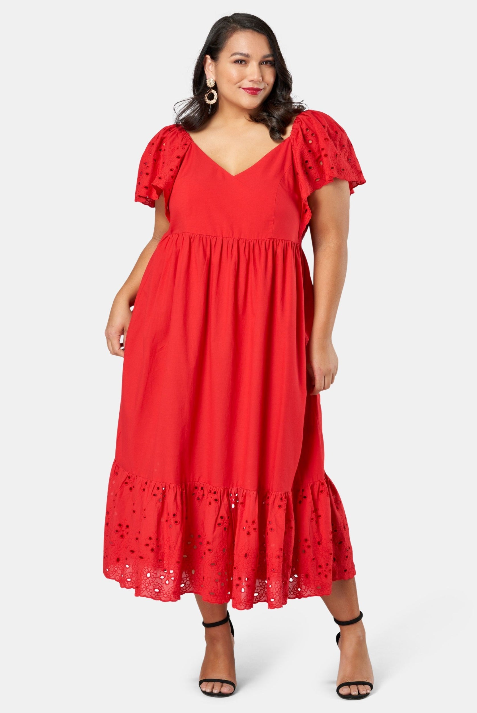 Model wearing red dress