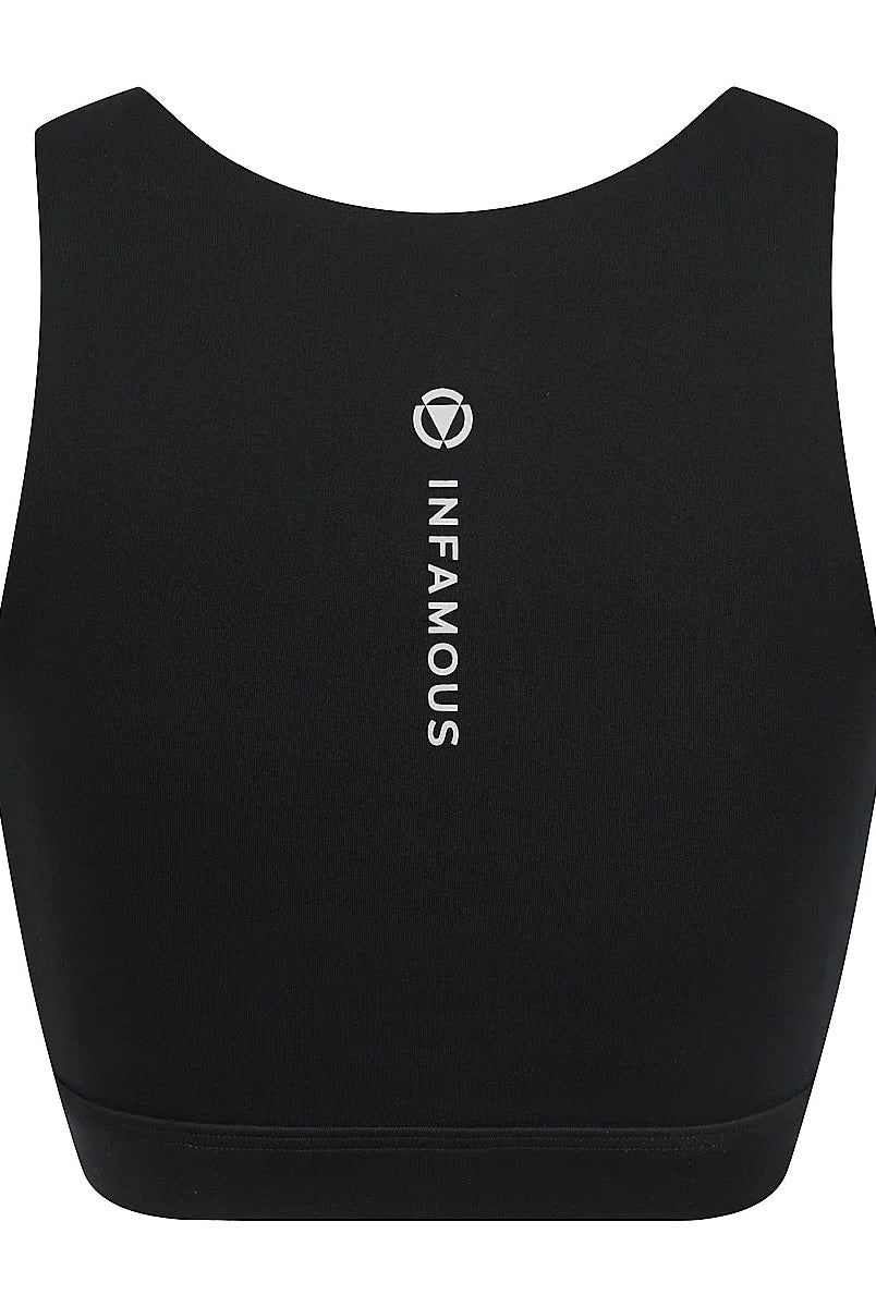 Black active crop top with centre front zip from Infamous Active