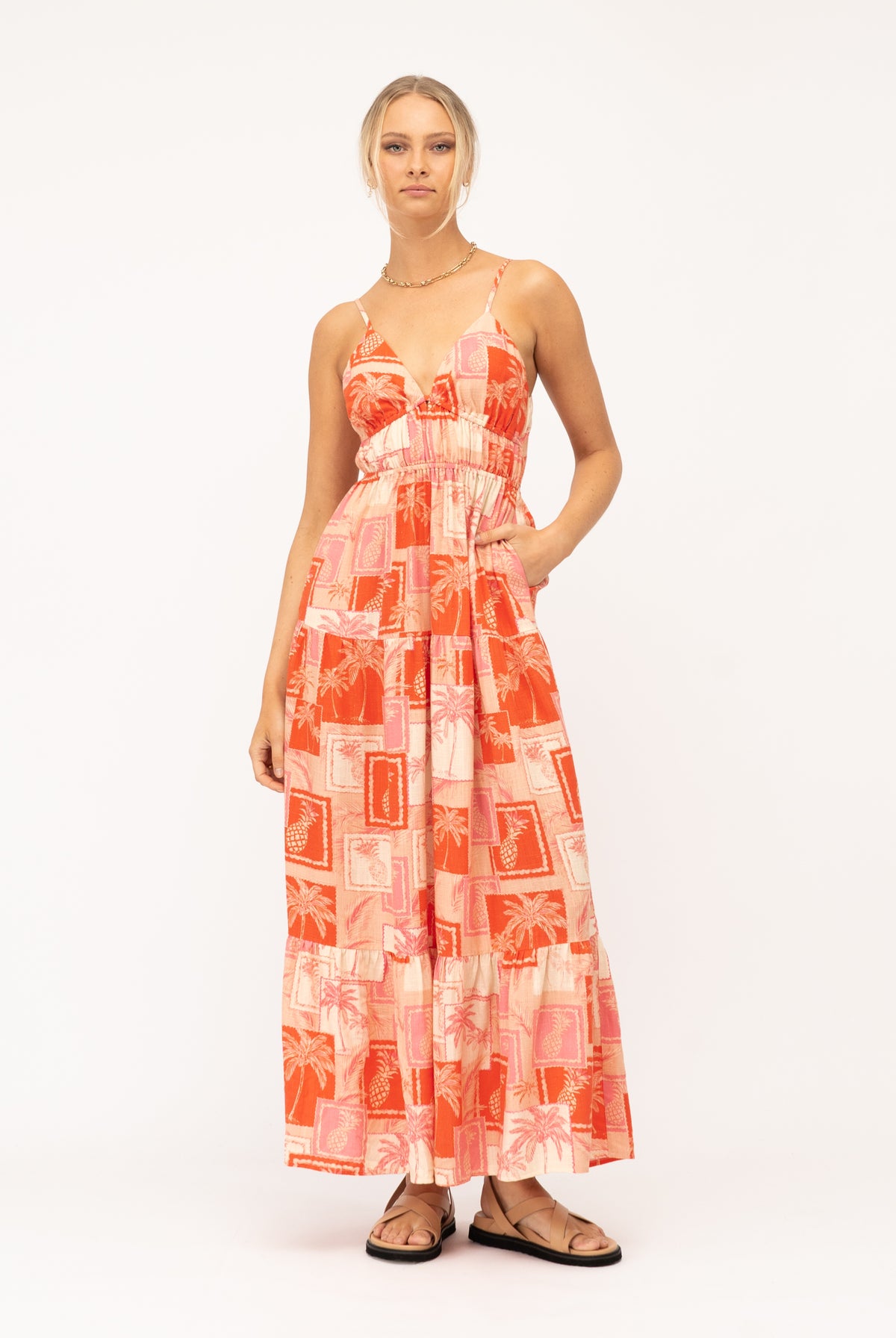Model wearing the Pina Maxi Dress with Pockets and adjustable straps