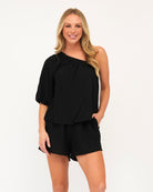 Black cotton one shoulder top with elastic cuff and shoulder detail