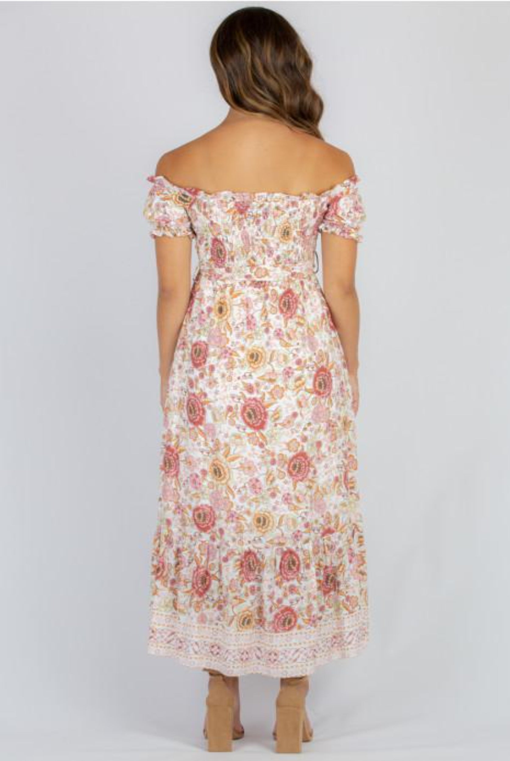 Back shot of floral maxi dress