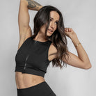 Black active crop top with centre front zip from Infamous Active