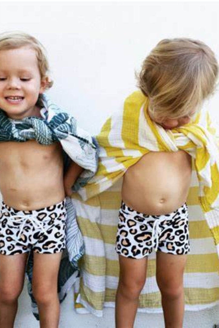 Boys wearing the Hugh trunks