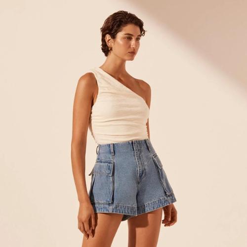 Model wearing shorts and t shirt