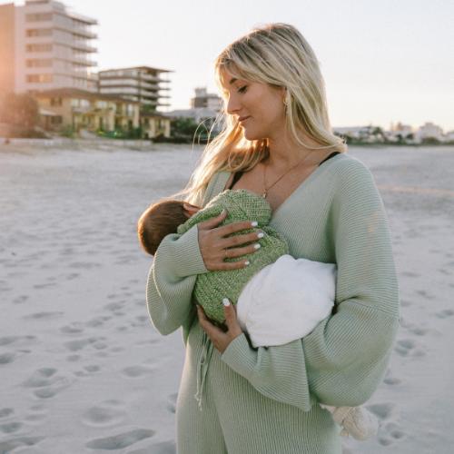Model wearing a breastfeeding friendly style