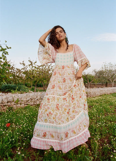 Model wearing the Spell Flora Gown, patchwork floral print mixed with Gingham