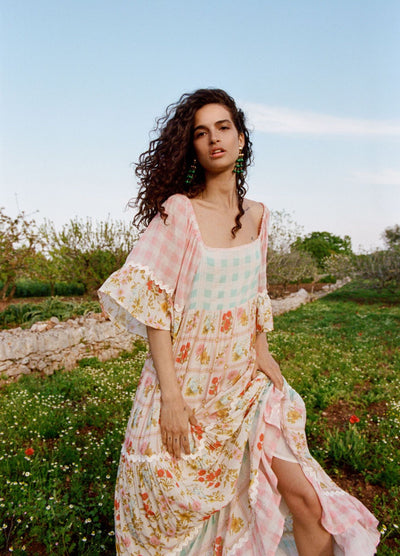 Model wearing the Spell Flora Gown, patchwork floral print mixed with Gingham