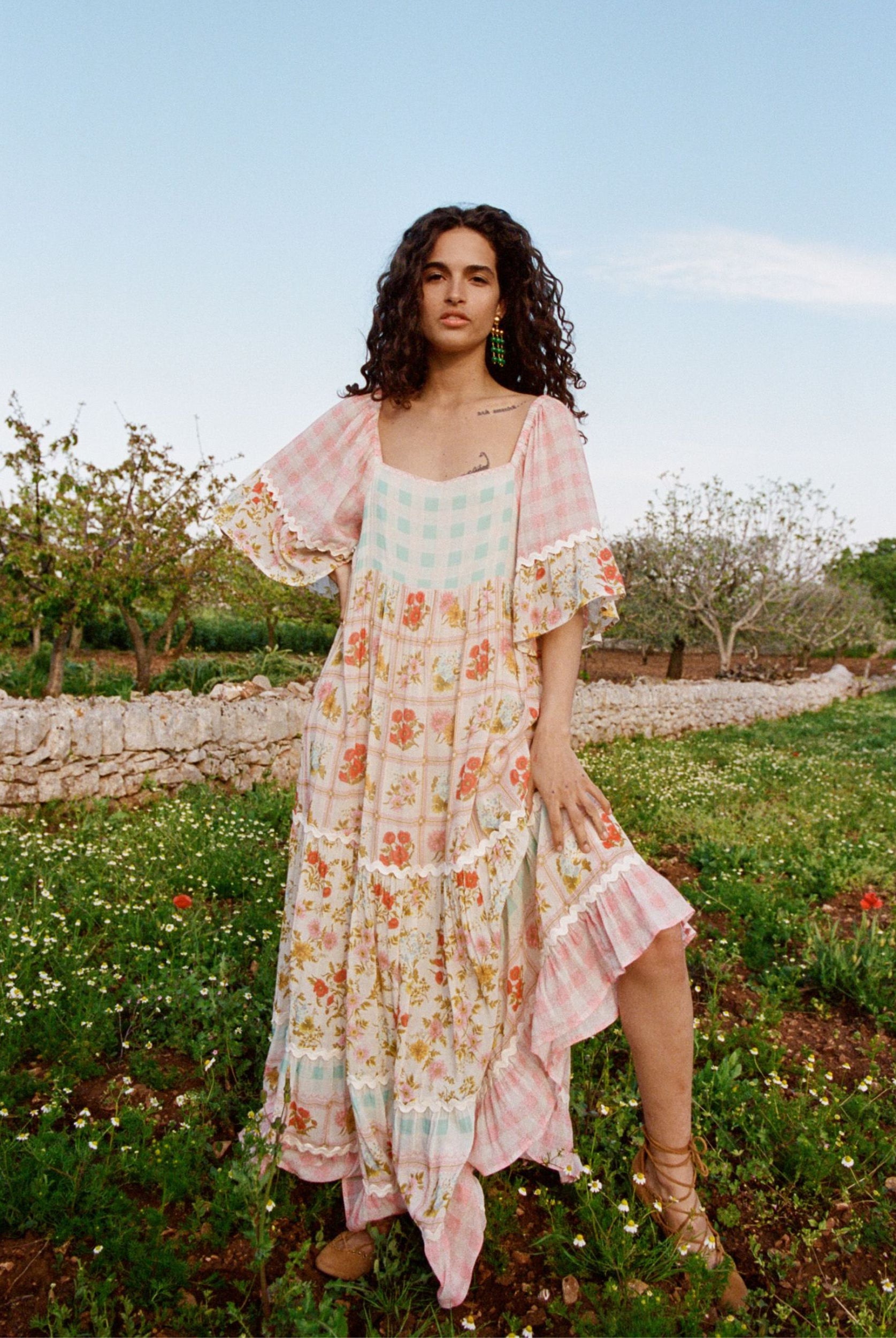 Model wearing the Spell Flora Gown, patchwork floral print mixed with Gingham