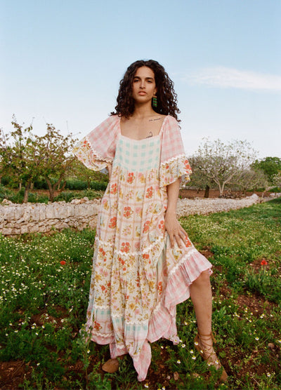 Model wearing the Spell Flora Gown, patchwork floral print mixed with Gingham