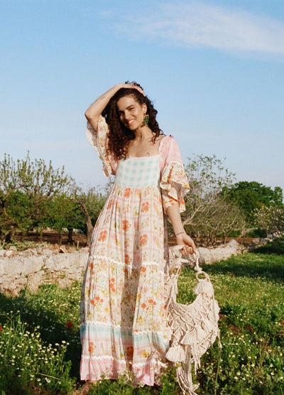 Model wearing the Spell Flora Gown, patchwork floral print mixed with Gingham