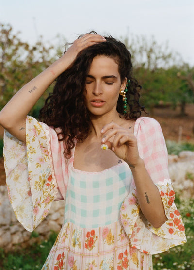 Model wearing the Spell Flora Gown, patchwork floral print mixed with Gingham