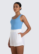 Sammy white linen shorts with elasticated waist and pockets